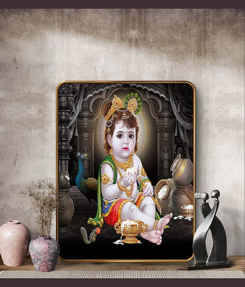 SAF Bal Krishna Makhan Chor Wall Painting | Golden Frame Sparkle Laminated MDF Poster | Baby Krishna Art for Home Temple Pooja Room | Kanha Ji Janmashtami Gift Decorative Wall Frame