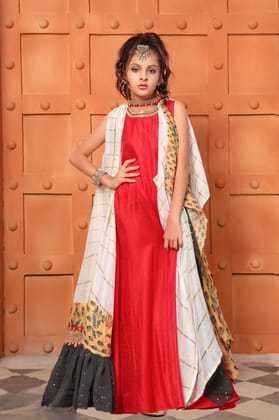 Girls Red Fancy Designer Long Gown-G823 / Red / 24