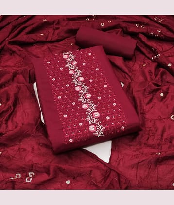 Rangtulika Ethnics Unstitched Silk Blend Embroidered Dress Material - Red ( Pack of 1 )