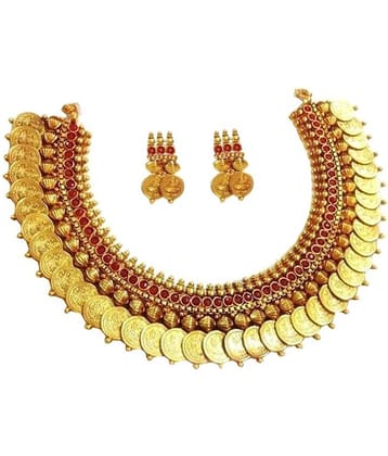 YouBella Red Polki Traditional Temple Laxmi Coin Necklace Set with Earrings