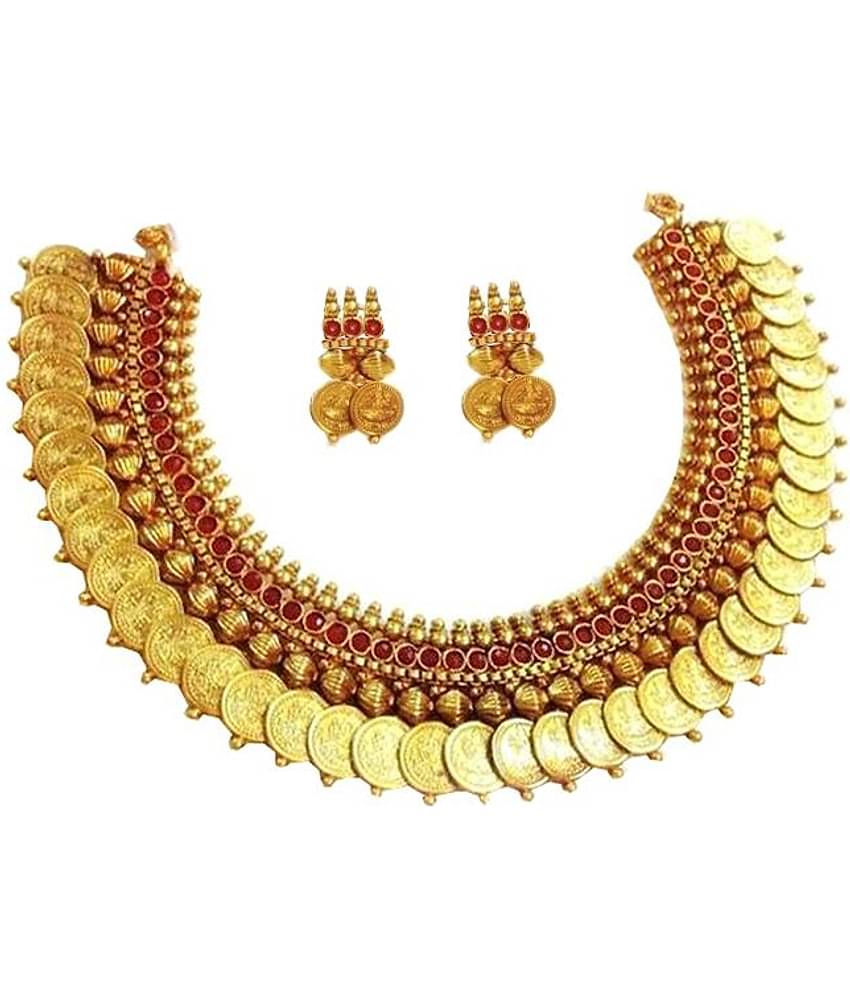 YouBella Red Polki Traditional Temple Laxmi Coin Necklace Set with Earrings