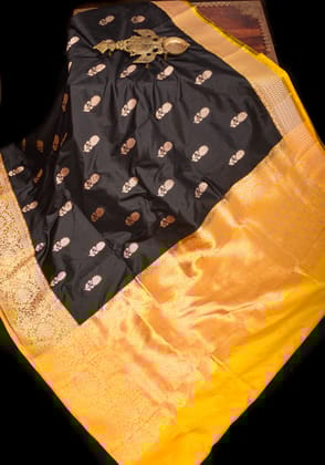 Black Banarasi Pure Katan Silk Saree with Lemon Yellow Contrast and Floral Buttas | SILK MARK CERTIFIED