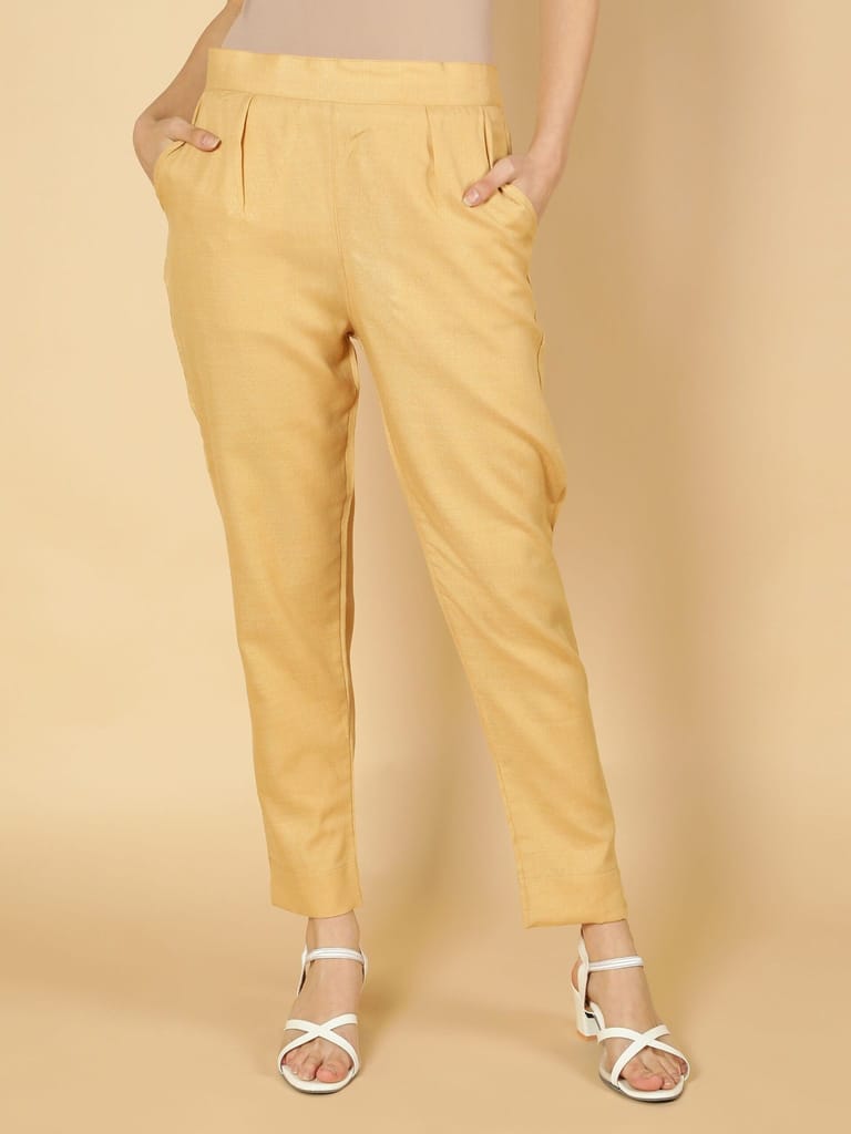 Women Solid Plain Cotton Trouser Pant (Beige)