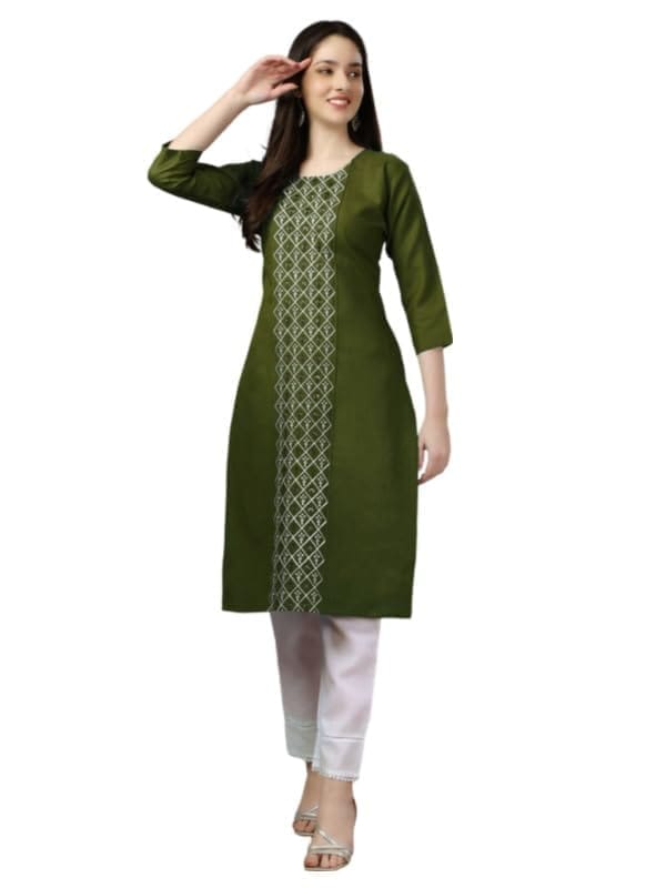 Women's Casual 3-4 th Sleeve Embroidery Cotton Kurti (Dark Green, 2XL)-PID50240