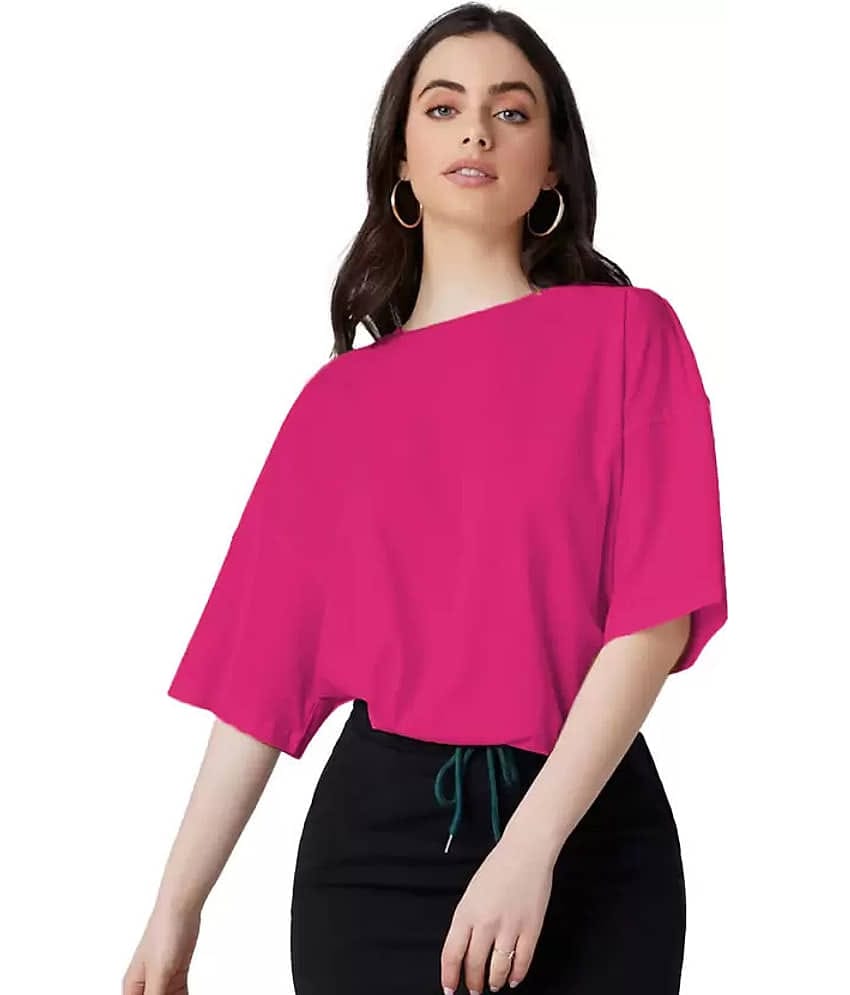 Leotude Women Cotton Blend Solid Oversized Fit Round Neck T-Shirt ( Pink )