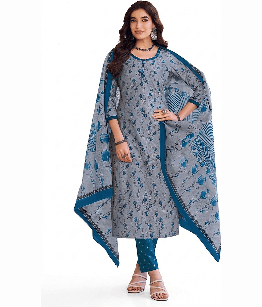 SIMMU Women Cotton Printed Straight Kurti With Pants ( Blue )