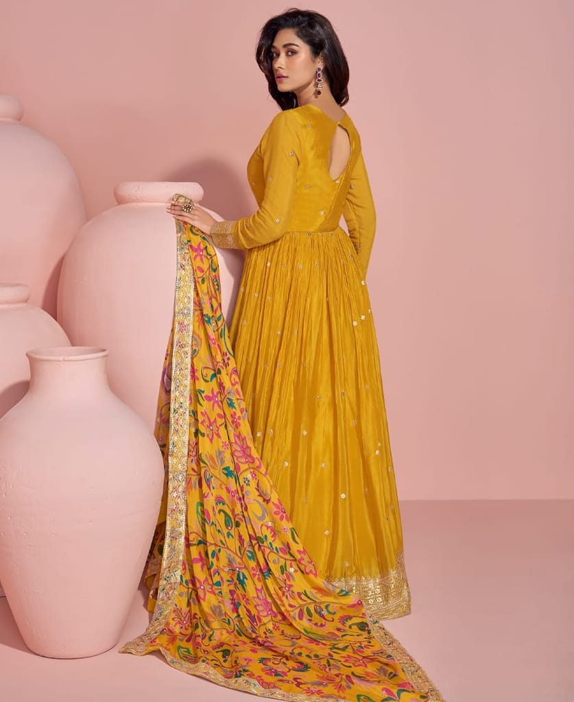 summer special yellow chinon anarkali set for women