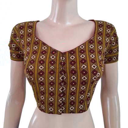 Ajrakh Cotton  Sweetheart neck Blouse, Mustard,  BA1103-S