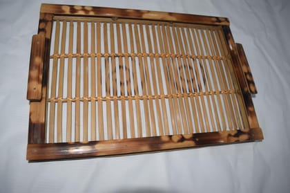 Bamboo Serving Tray with Handles, Natural Wood, Rectangular, Slatted Design with Decorative Weave Bamboo Serving Tray with Handles, Natural Wood, Rectangular, Slatted Design with Decorative Weave