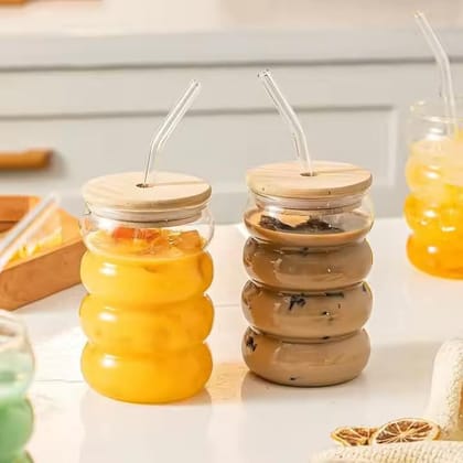 Drinking Glasses with Bamboo Lids and Glass Straw 400 ML Travel Sipper for Juice Water Smoothies Cocktail Beer Mugs Iced Coffee Milkshakes (Pack of 2)
