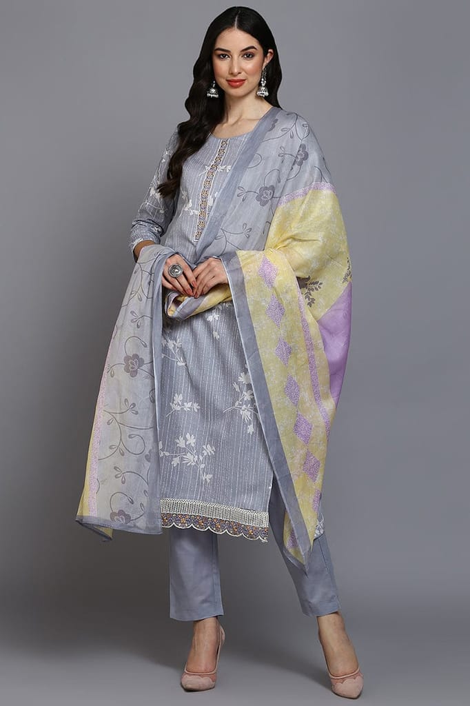 Grey Cotton Blend Floral Straight Suit Set VKSKD1884 - Kurtas & Kurta Sets | Buy online on ZillyBuy