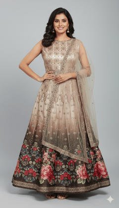 99ladies Store Sleeveless Printed Anarkali Style Long Dress with Dupatta for Women