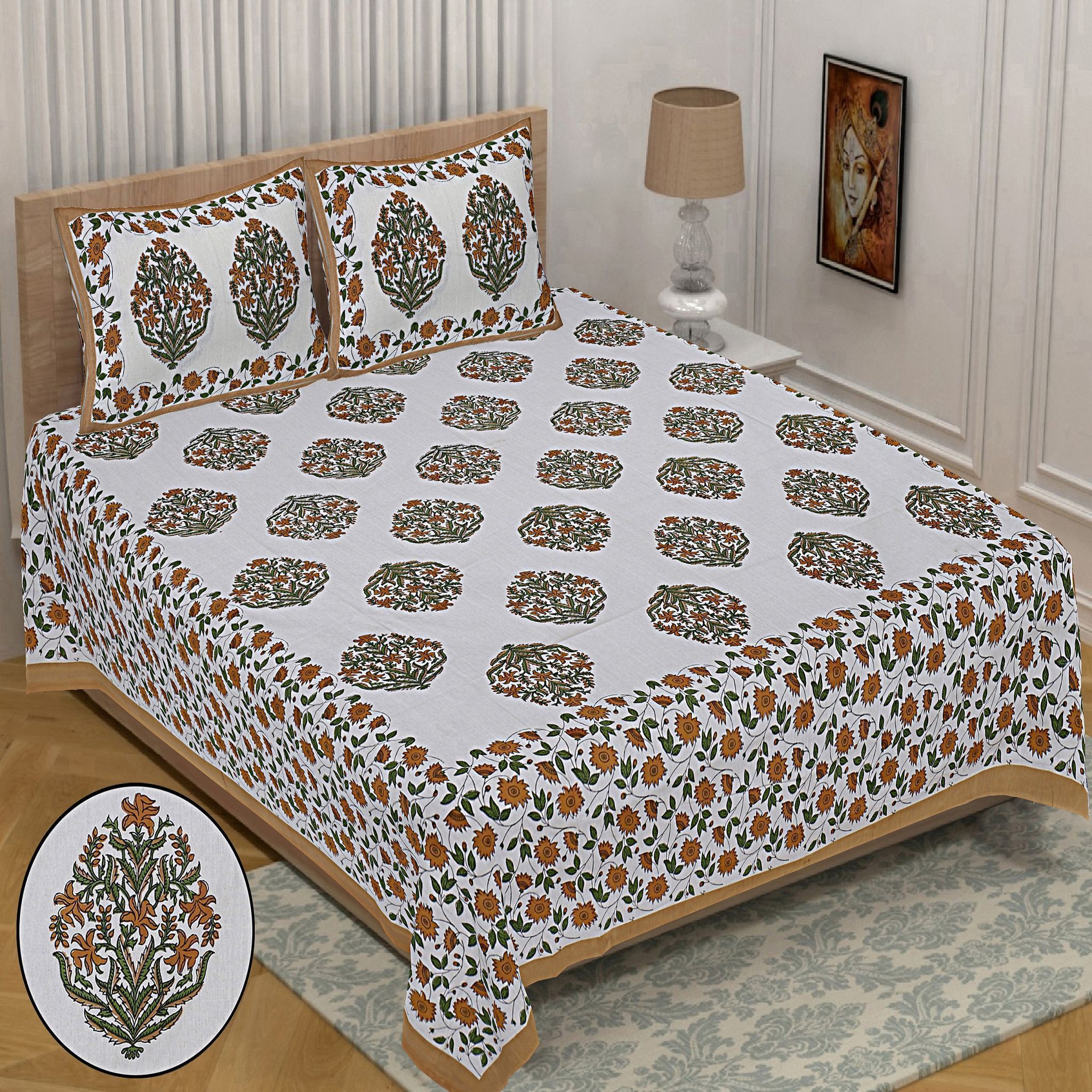 3001-Hometrade India-Standard King Size (90*108 Inches) Double Bedsheet With 2 Pillow Cover-RJ-14-Jaipur lining-3757