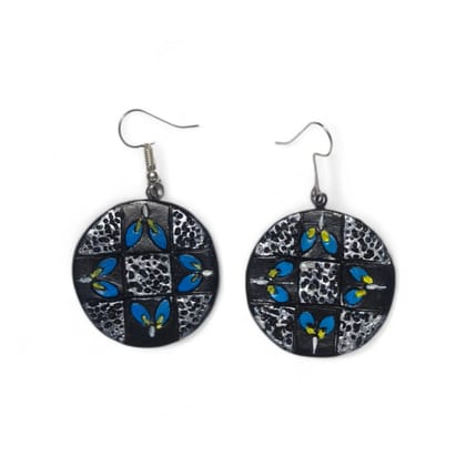 Pallabi Hastakala Geometric Floral Earrings (1 Pair) | Black-Based Round Earrings with Blue Floral Motifs & Silver Accents | Ethnic Jewelry