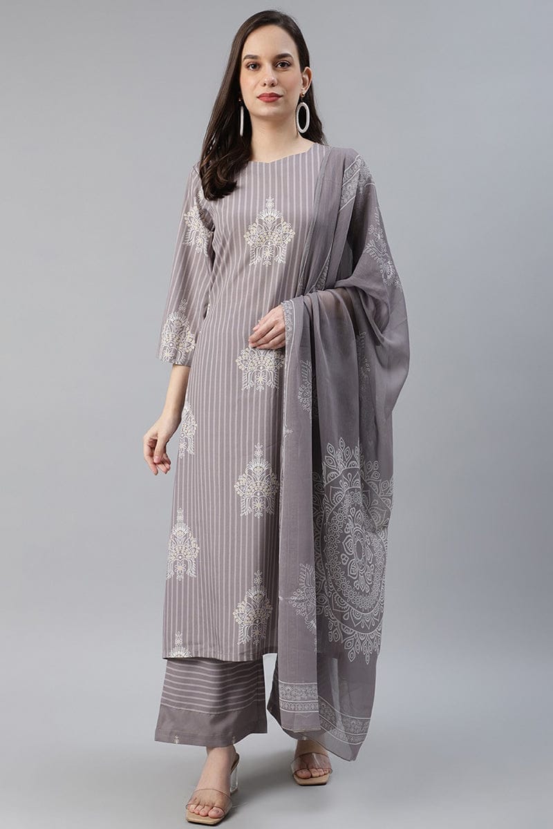 Ahika Women Poly Crepe Taupe Ethnic Motifs Printed Straight Kurta Palazzo Dupatta Set PKSKD1013