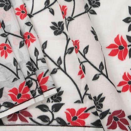 White Dhakai Jamdani Mulmul Silk Saree Handwoven PV MJ 66 A
