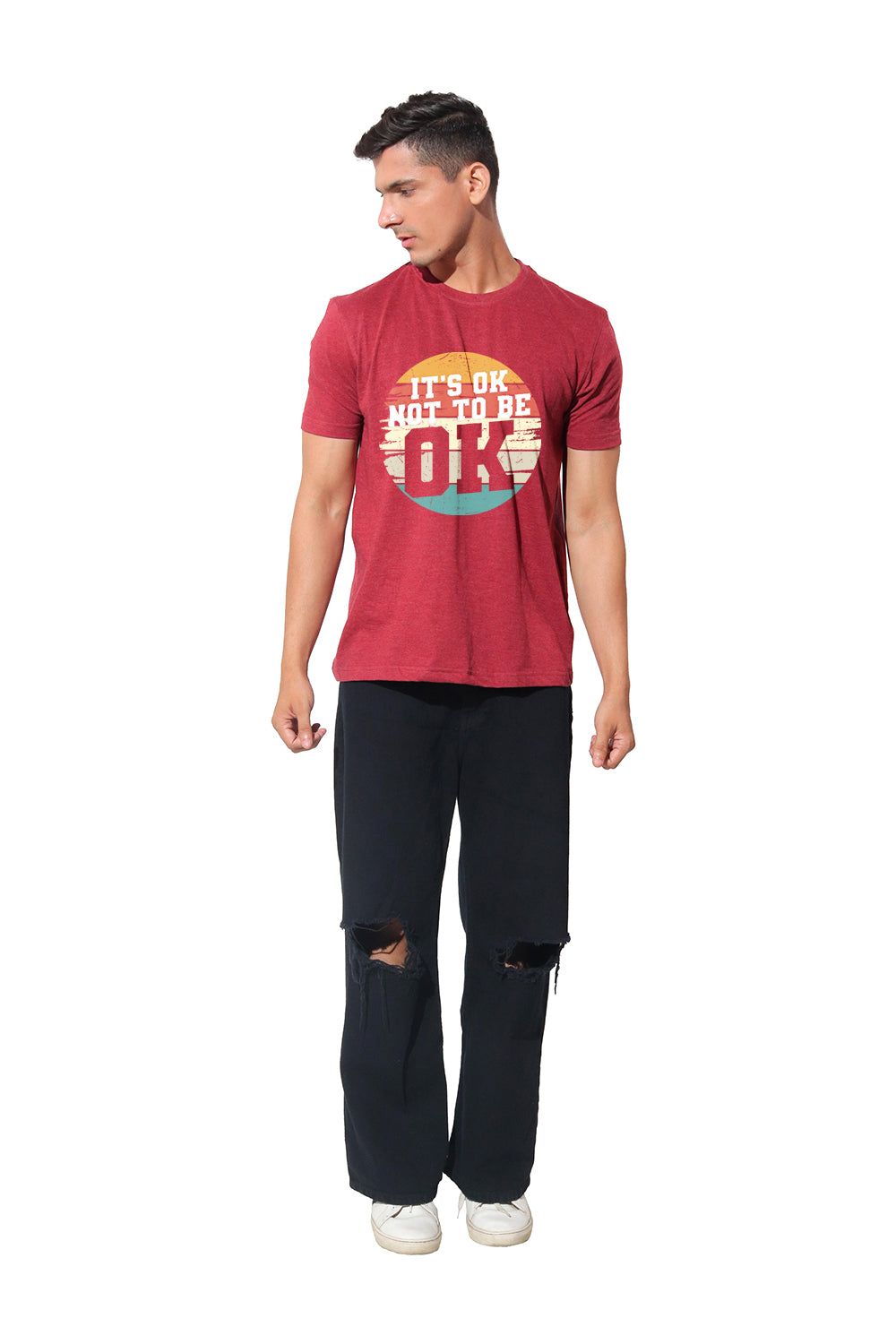 Kinnko Premium Cotton Mens Self Textured Printed T-Shirt Maroon