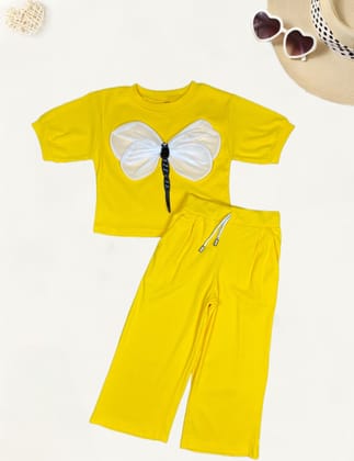Girl's Yellow Butterfly Causal Co-Ord  Set [GCS-9988](4-11 Years)-10-11Y (Size - 34) / Ribbed / Yellow