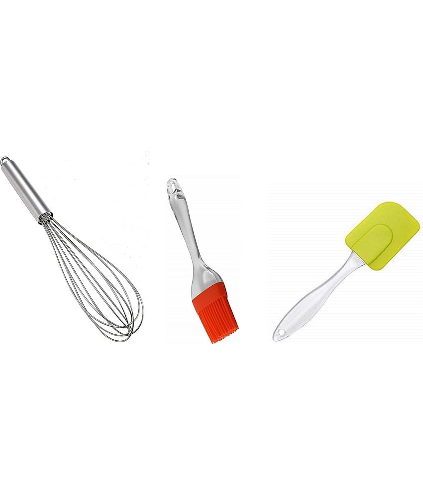 Dynore - Silver Stainless Steel New Whisk, Oil Brush, Spatula ( Set of 3 )