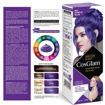 COSGLAM Semi Permanent Hair Color, No Peroxide, Non Oxidative, Ammonia Free Hair Colour 61 Purple Blue - 120gm