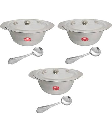 A & H ENTERPRISES Set of 3 Pc Laser Design Serving Bowls With Lid ( Dongas ) With Serving Spoon - Stainless Steel
