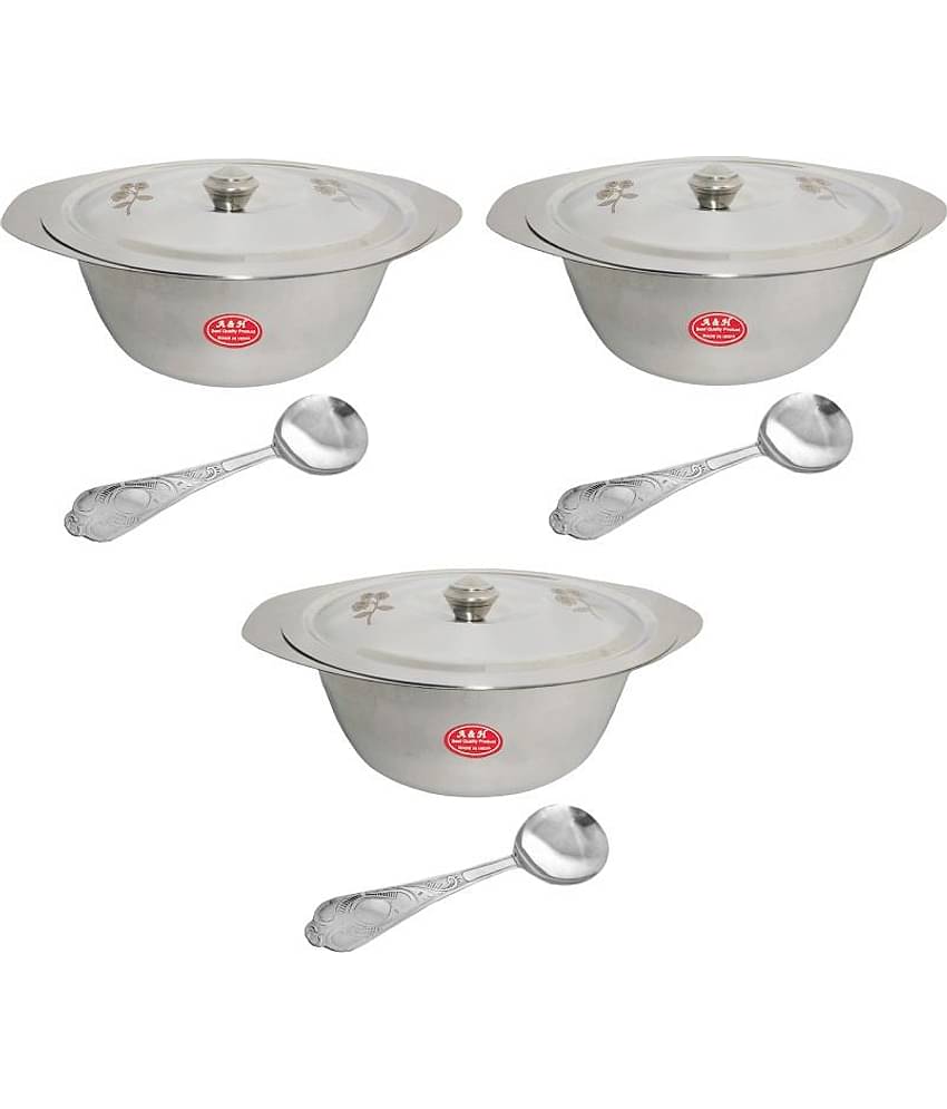 A & H ENTERPRISES Set of 3 Pc Laser Design Serving Bowls With Lid ( Dongas ) With Serving Spoon - Stainless Steel