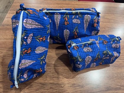 Quilted Cosmetic Pouches Set of 3, Blue Floral Print, Zippered Makeup Bags, Travel Organizer