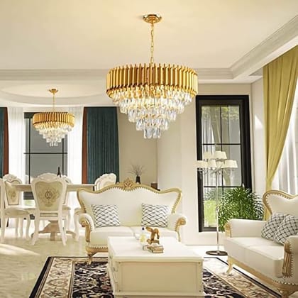 SPARKWORLD Gold Crystal Gold Polish Metal 600Mm Chandelier Hanging Ceiling Pendant Jhoomer Chandelier Ceiling Lamp | Size: 60X60 cm | Colour: Gold(600mm)