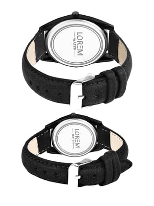 LOREM Couple Watches with Embossed Dial, Premium Faux Leather Strap, Quartz Movement, Black