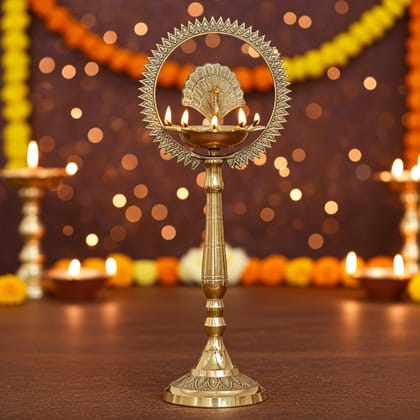 Brass Table Decor Oil Lamp Deepak  - Devotional Brass Diya for Temple, Height : 17 Inch (FMAS656 H)