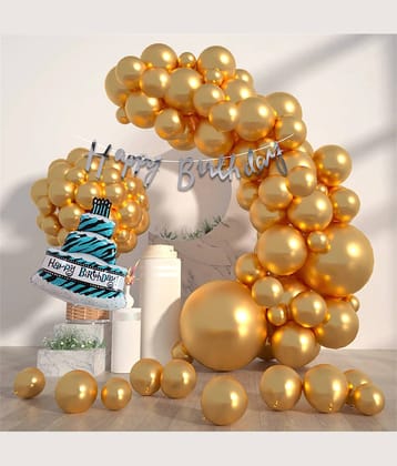 Happy Birthday Banner Cursive (Golden) + 30 Metallic Balloons (Golden) + 1 Mini Foil Cake (Blue) for Birthday Decoration set, Birthday Kit, Birthday Decoration items, Birthday Balloon, Boy,Girls, Husband, Wife.