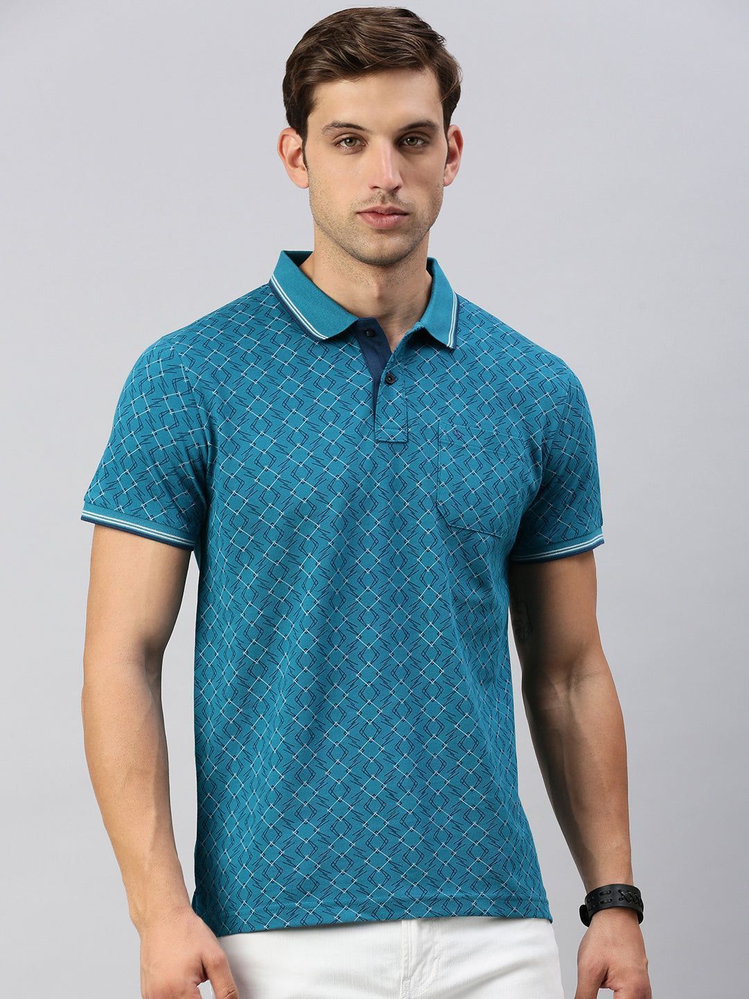 Classic Polo Men's Printed Teal Cotton Slim Fit Half Sleeve T-Shirt | BEAU - 261 B SF P