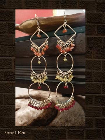 Handmade long earrings with orange, yellow and red beads