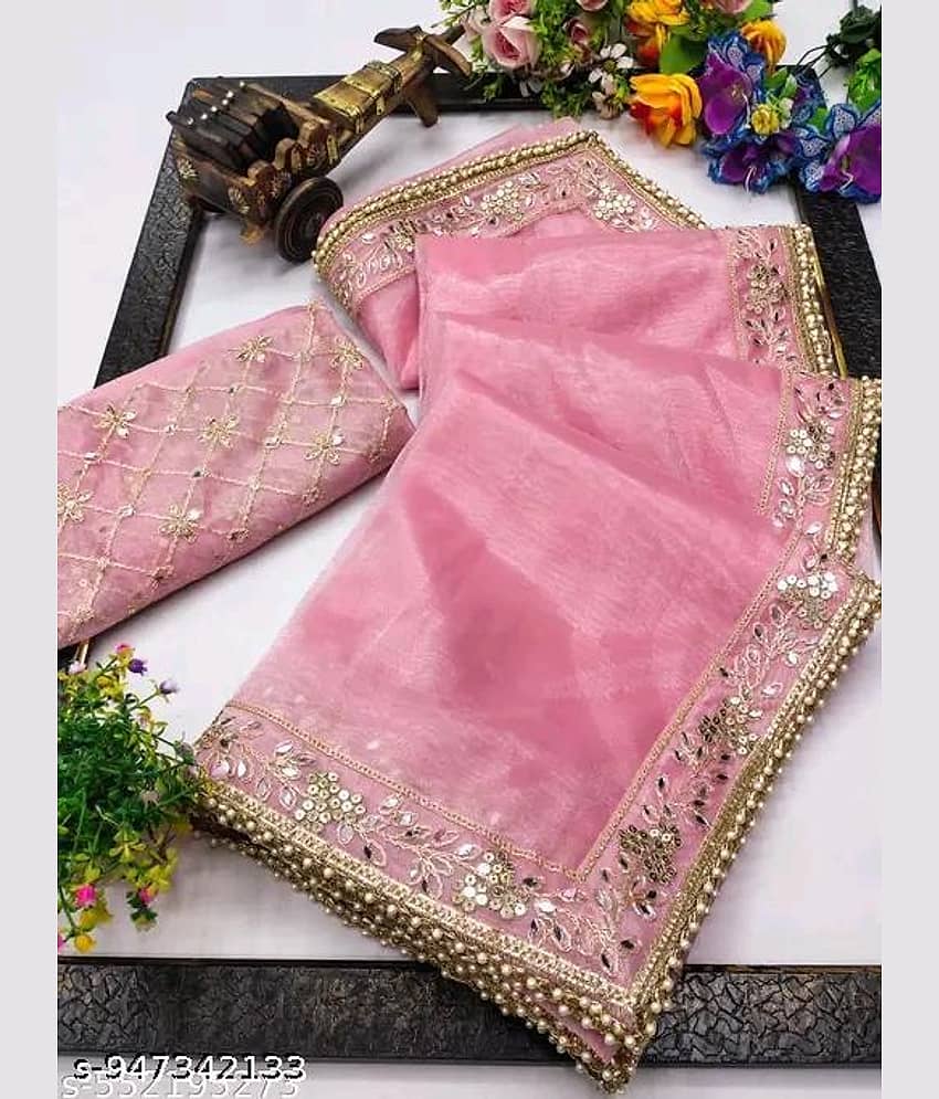 Shivadit ethnic Organza Embroidered Banarasi saree With Unstitched Blouse Piece ( Pink )