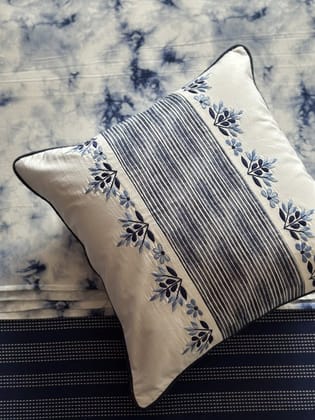 KRI India Ombré Bloom Navy Hand Embroidered Cushion Cover | White & Navy Blue  | 16x16 inches  | Wash & Care | 100% Cotton | Handcrafted in India. 100% organic & natural.