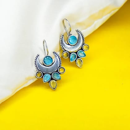 Oxidized Silver Blue and Yellow CZ Stone Studded Moon Earrings For Girls & Women