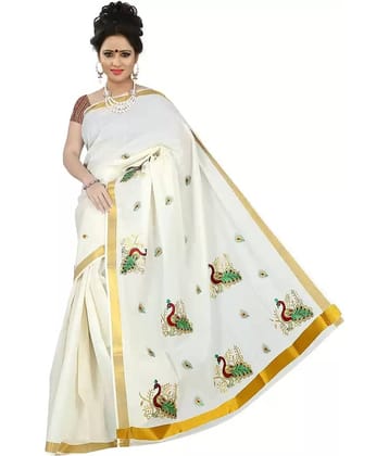 BRINDAVAN CREATIONS Kerela Cotton Saree With Unstitched Blouse Piece ( Beige )