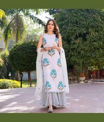 Sidhidata Cotton Blend Printed Kurti With Sharara And Gharara Women's Stitched Salwar Suit - White ( Pack of 1 )