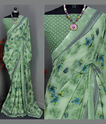 Rekha Maniyar Georgette Printed Saree With Unstitched Blouse Piece ( Green )