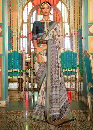 Teal Blue And Off white Woven Printed Soft Silk Saree