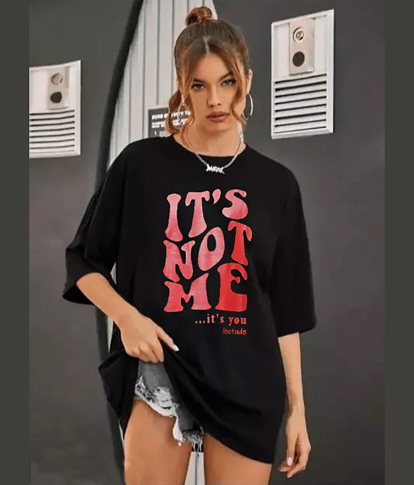 Leotude Women Cotton Blend Printed Oversized Fit Round Neck T-Shirt ( Black )