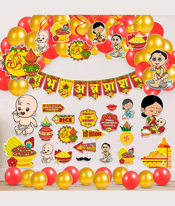 Zyozi Annaprasanam Swirls Hanging with Cardstock Cutout, Annaprasanam Bunting Banner Hindi Font Shubh Annaprashan and Balloon,Photo Booth Props,Rice Ceremony Decorations Items (Pack of 56)