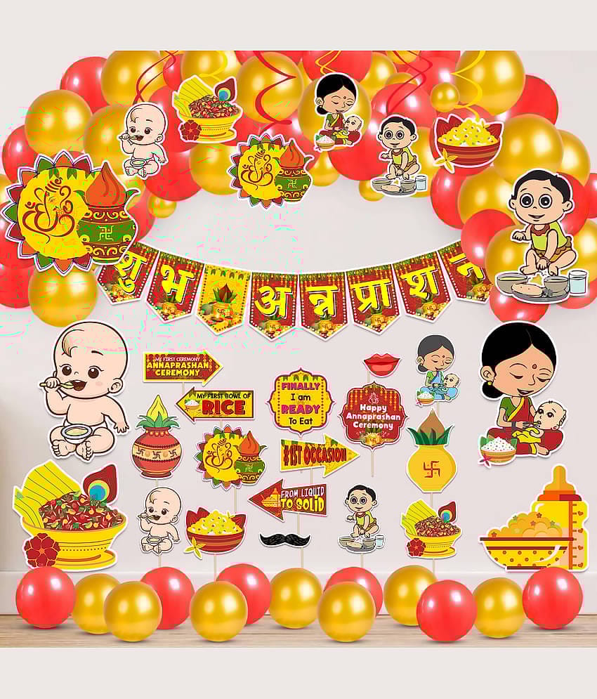 Zyozi Annaprasanam Swirls Hanging with Cardstock Cutout, Annaprasanam Bunting Banner Hindi Font Shubh Annaprashan and Balloon,Photo Booth Props,Rice Ceremony Decorations Items (Pack of 56)