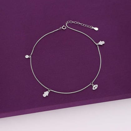 Minimalistic Evil Eye & Hamsa Anklet-White Stone / Silver