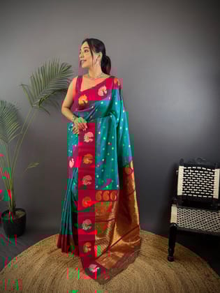 Turquoise Soft Silk Banarasi Saree with Zari Border – Shop Now