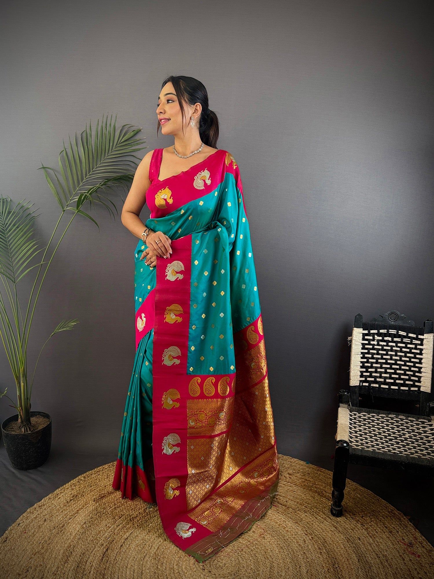 Turquoise Soft Silk Banarasi Saree with Zari Border – Shop Now