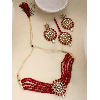 Maroon Crystal Kundan Full Length 4pc Bridal Choker Jewellery Set