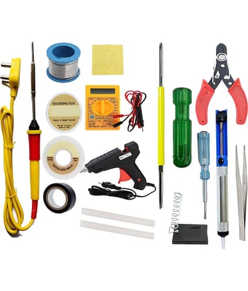 ALDECO: ( 16 in 1 ) 25 Watt Soldering Iron Kit With- Yellow Iron, Wire, Flux, Wick, Stand, Cutter, Tape, Tweezer, Tester,Sponge, 2 in 1 Screw Driver, Digital Multimeter, Glue Gun , 2 Glue Stick, Desoldering Pump