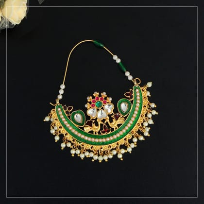 Green Color Glass Stone Meenakari Nose Nath (NTH288GRN)-Length: 21.00 CM x Width: 0.30 CM / Maroon / Alloy With Good Quality Gold Plated