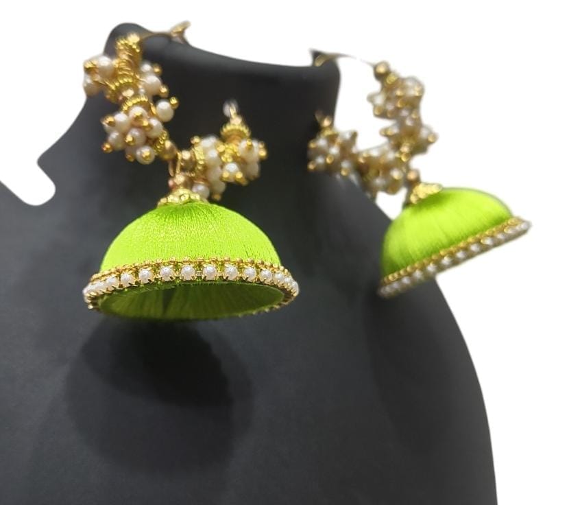 Green Silk Thread Jhumka Earrings with Pearl Beads